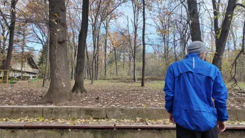 Man in sportswear doing push ups outdoors on bench in autumn park, training Stock Footage 318171774