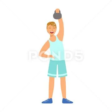Man in sportswear doing workout with kettlebell. Colorful cartoon character Stock Illustration