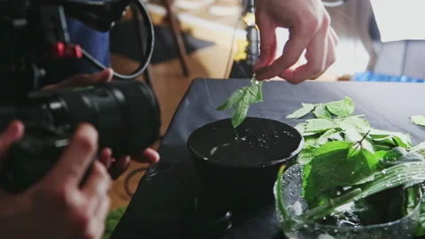 Man sprays water on green leaf capturing process on camera Stock Footage 231215280