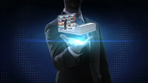 Man spread palms, unmanned smart convenience store. AI robot carries, pay. 4k. Stock Footage 164007988
