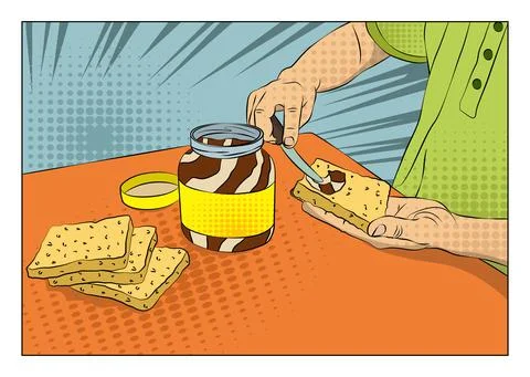 Man spreading chocolate paste on bread over table - comic book style, cartoon 스톡 일러스트