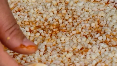Man spreading a layer of cheese on a homemade pizza. Hands at work. Stock-Footage 313992782