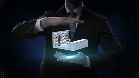 Man spreads hands up down, unmanned convenience store. AI robot carries. 4k. Stock Footage 164008028