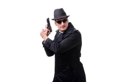 Man spy with handgun isolated on white background Stock Photos