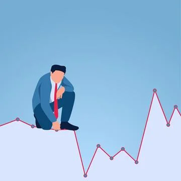 A man squats analyzing a stock chart that goes up and down, an illustration.. Stock Illustration