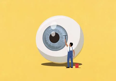 Man with squeegee cleaning large eyeball Stock Illustration