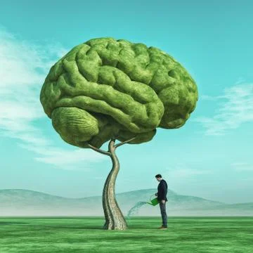 Man squirting a big tree shaped human brain Stock Illustration
