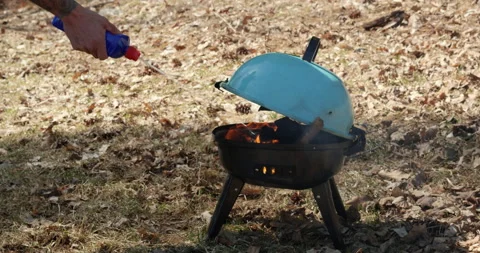 Man squirts lighter fluid onto portable camping bbq in wilderness - forest fi Vídeo Stock 220142295