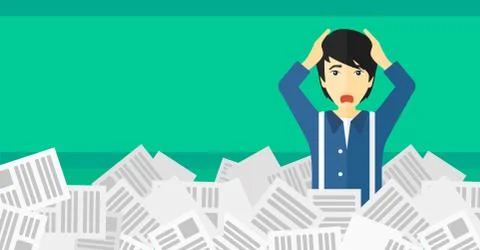 Man in stack of newspapers Illustrazione stock