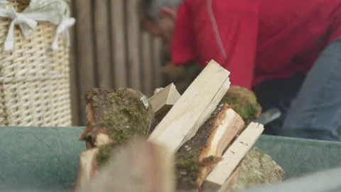 Man Stacks Chopped Fire Wood Stock Footage 265085763