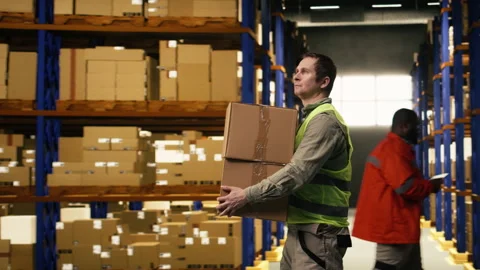 Man staff member sorting cardboard packages in logistics warehouse Stock Footage 332908741