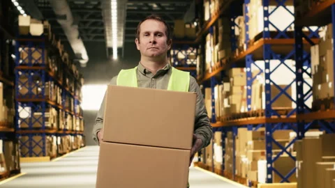 Man staff member stacking packages filled with merchandise in warehouse Stock Footage 332910322