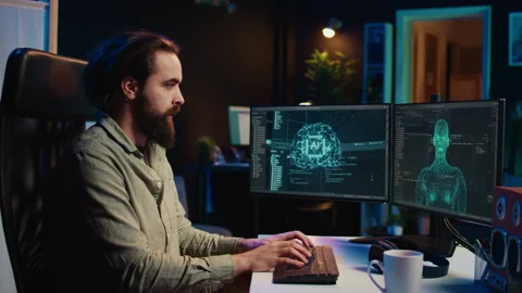 Man staggered by AI gaining consciousness, becoming android and waving hand Stock Footage 266951682