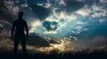 The man stand against the rain clouds. Real time capture. Wide angle 4k or 4k+ Resolution