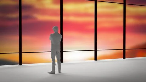 The man stand alone in building twilight sky for Abstract Background 3d ren.. Ilustración de archivo