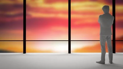 The man stand alone in building twilight sky for Abstract Background 3d ren.. Ilustración de archivo