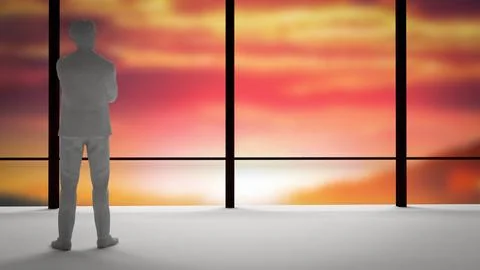 The man stand alone in building twilight sky for Abstract Background 3d ren.. Ilustración de archivo