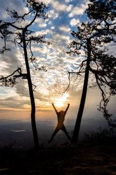 The man stand between two tree and he is jump with sunrise background 写真素材