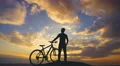 The man stand with the bicycle on the background of cloud flow 4k or 4k+ Resolution