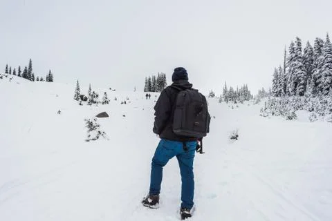 A man stand facing the mountain on a path cover with snow in paradise area,sc Stock Photos