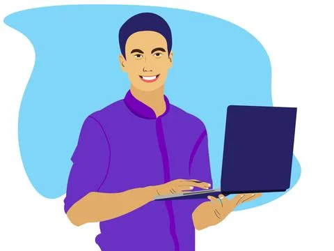 Man Stand With Laptop Flat Vector Illustration Stock Illustration