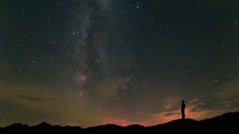 The man stand on mountain top on a beautiful night sky background. time lapse Stock Footage 160125225