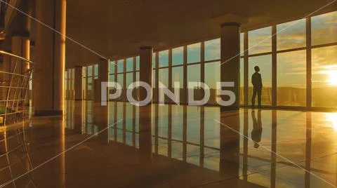 The man stand near the window against the background of the sunset Stock Photos