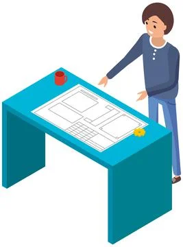 Man stand by table with paper plan. Product development and project planning on Ilustración de archivo