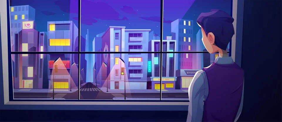 Man stand at window rear view look on night street Stock Illustration