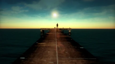 Man Standing Alone Pier Overlooking Sunset Ocean 库存影片 291861183