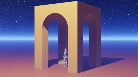 Man standing in an arch gate on a flat plane under stars and milky way galaxy Stock Footage 284539262