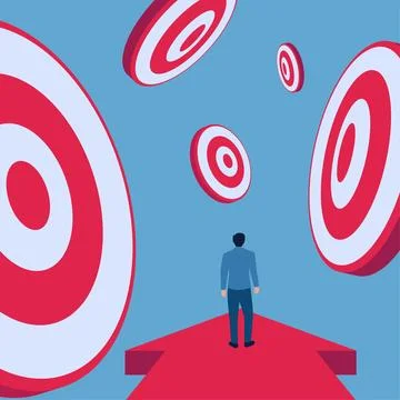 Man standing on arrow graphic selecting scattered targets, selection target.. Stock Illustration