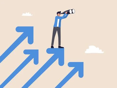Man Standing on Arrow, Observing Ahead Stock Illustration