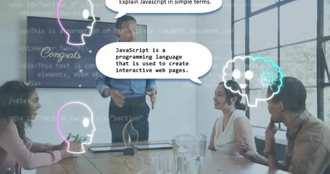 Man standing asking AI head explaining JavaScript demo placing award and brain Stock Footage 317330039