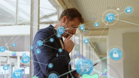 Man standing in atrium tapping phone checking order as tech cart lock nodes Stock Footage 331062767