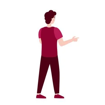 Man standing in back view in flat design. Person looking and pointing finger. Stock Illustration