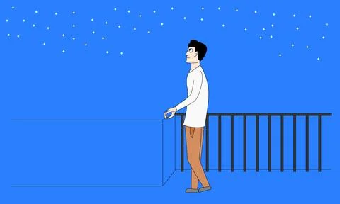 A man is standing on a balcony looking out at the stars Stock Illustration
