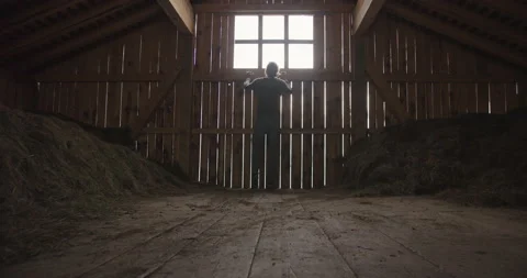 Man standing in barn looking into the light Video stock 230245592