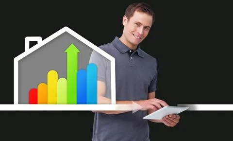 Man standing behind energy efficient house graphic Stock Photos