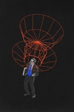 Man standing beneath funnel-like structure, representing flow of information Stock Photos