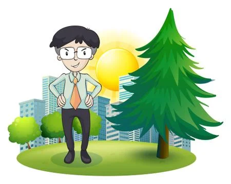A man standing beside the pine tree Illustrazione stock