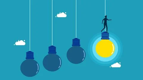 Man standing on a bright light bulb. Discover clear knowledge. vector illustr Stock Illustration