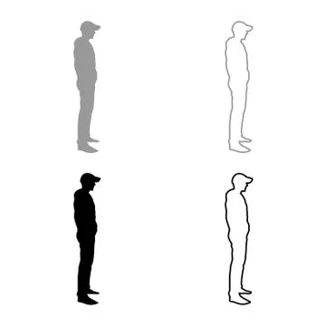 Man standing in cap view with side icon set grey black color illustration out Illustrazione stock