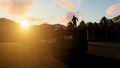 Man Standing on Car at Sunset 3D Rendering Stock Footage 121688070
