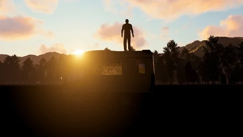 Man Standing on Car at Sunset 3D Rendering Stock Footage 121688096