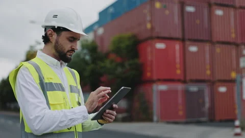 Man standing at cargor harbor with tablet in hands Stock Footage 167096992