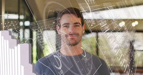 Man standing causing sliding tech interface tracking rising bars displaying data Stock Footage 328715736