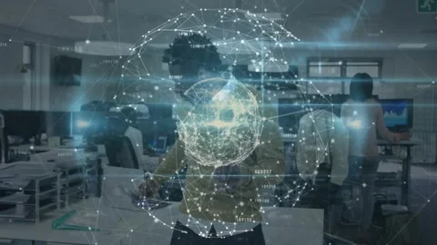 Man standing center looking at device and activating rotating holo globe, Stock Footage 332405460
