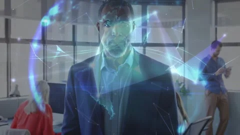 Man standing center network emerging from screens forming 3D globe around him Stock Footage 332296504