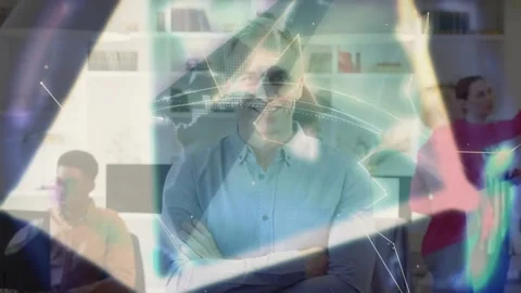 Man standing center as nodes drifting in hiding face, globe forming, showing biz Stock Footage 331026387